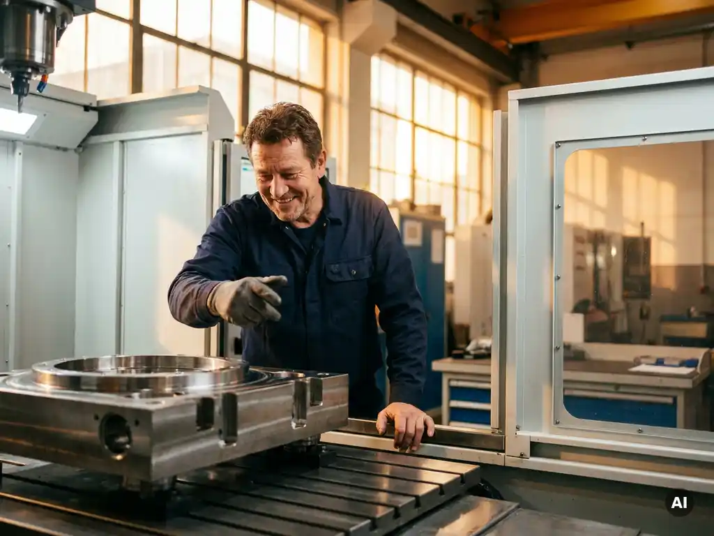 Maschinenbauer in marineblauer Arbeitsuniform zeigt auf ein Metallwerkstück an einer modernen CNC-Maschine in einer hellen Werkstatt.