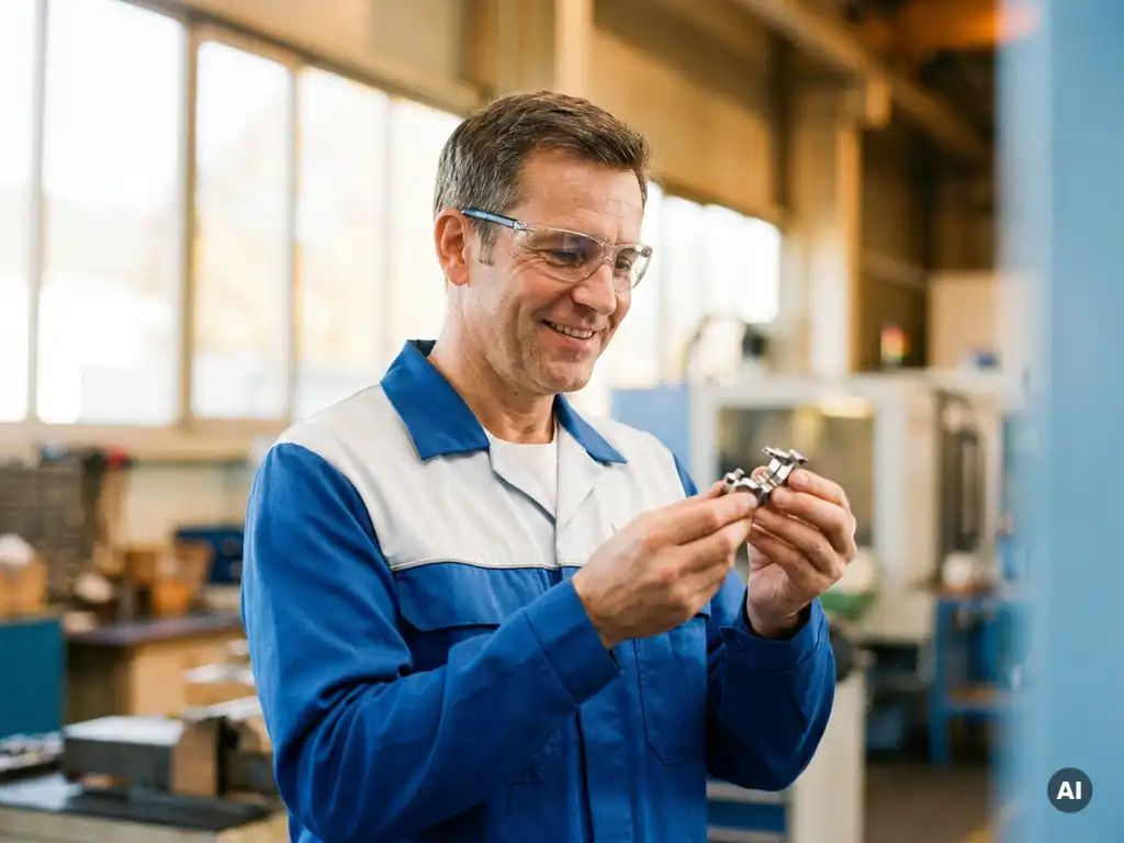 Deutscher Ingenieur in Arbeitsuniform prüft lächelnd ein Präzisionsbauteil in moderner, lichtdurchfluteter Werkstatt.