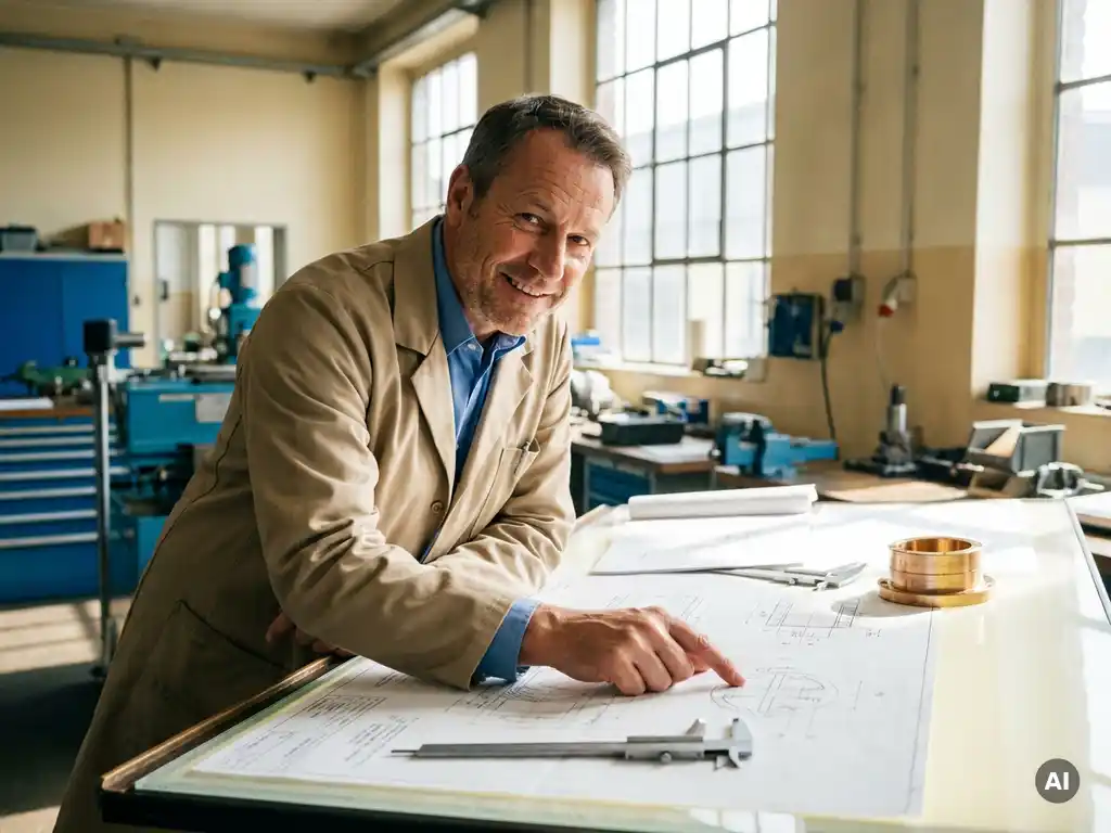 Deutscher Ingenieur im Laborkittel prüft Präzisionszeichnungen am Zeichentisch in heller Werkstatt mit natürlichem Licht.