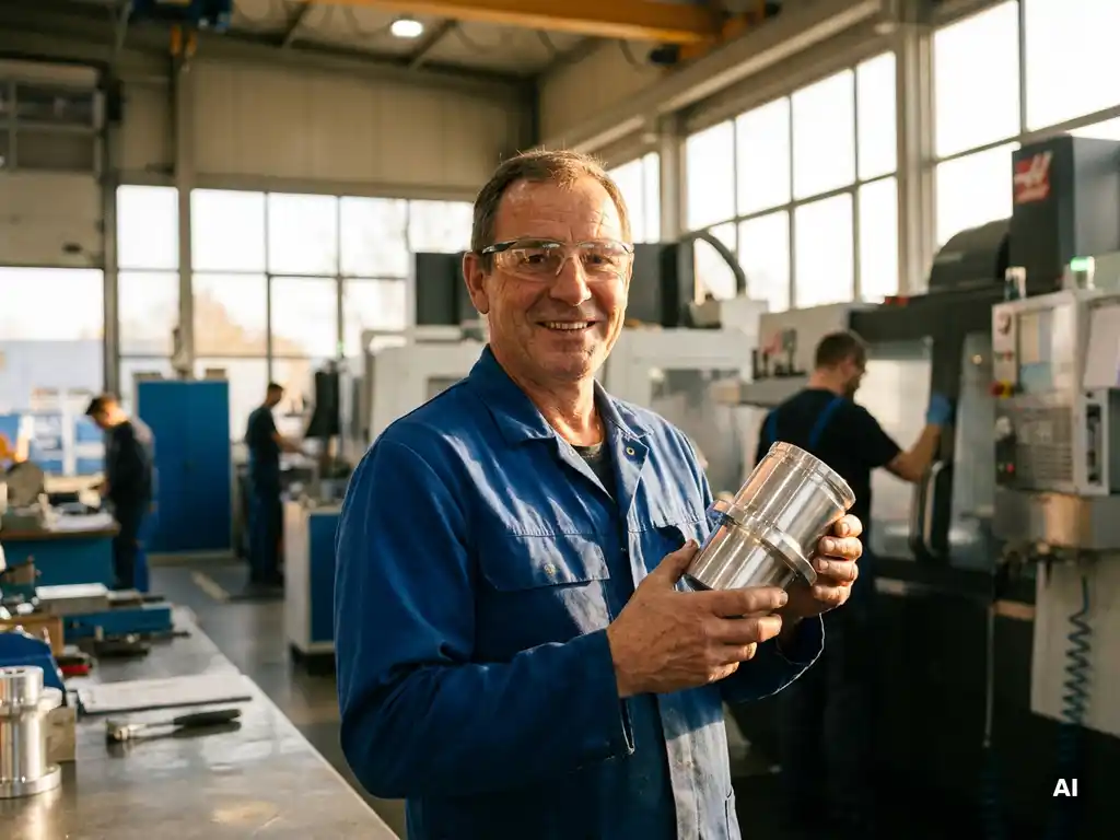Deutscher Maschinenbauer prüft lächelnd ein poliertes Aluminiumteil in einer modernen, hellen Werkstatt.