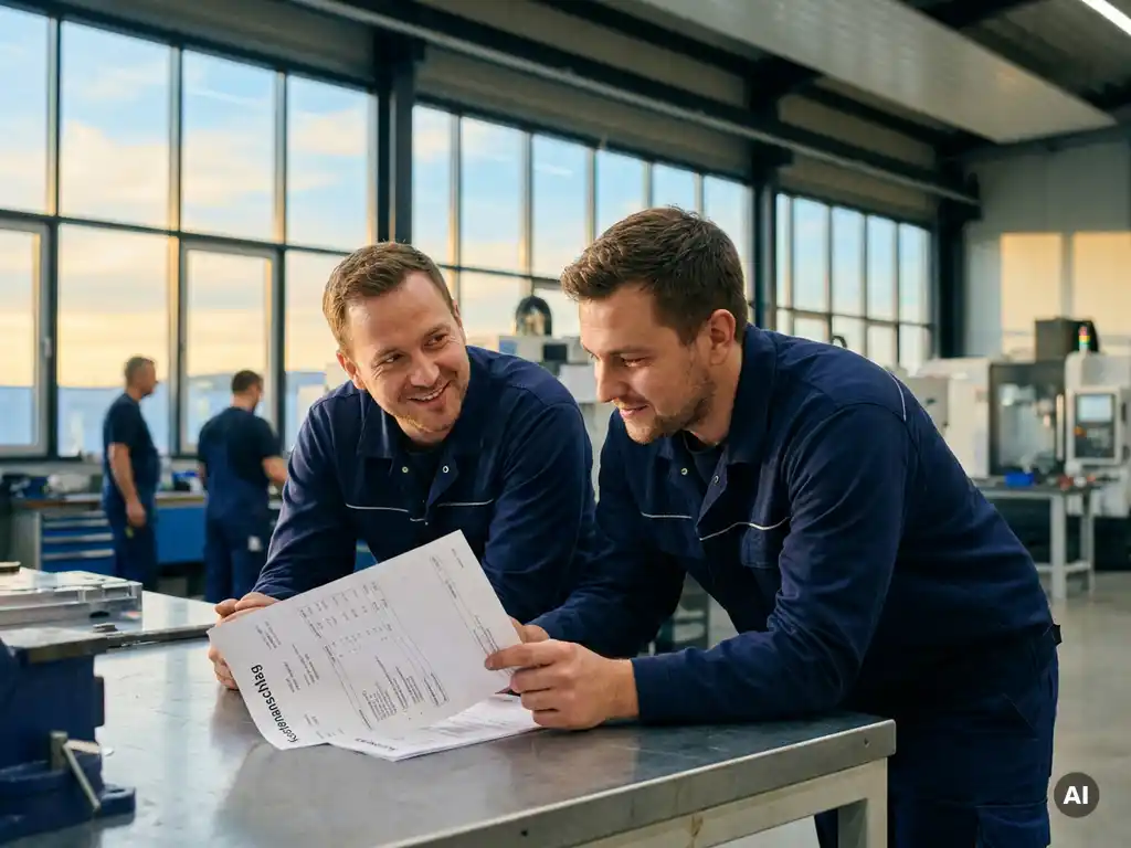 Deutscher Maschinenbauer bespricht Kostenkalkulation mit Kollegen in moderner Werkstatt bei natürlichem Licht.