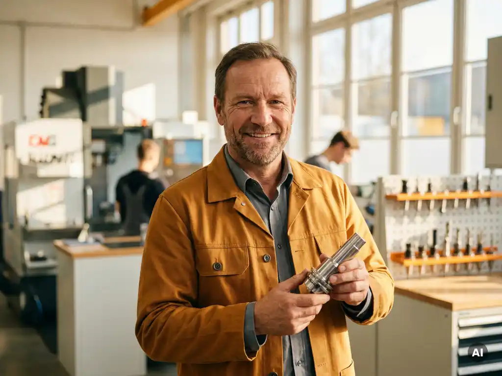Deutscher Maschinenbauer begutachtet lächelnd ein fertig bearbeitetes Metallwerkstück in einer modernen, hellen Werkshalle.