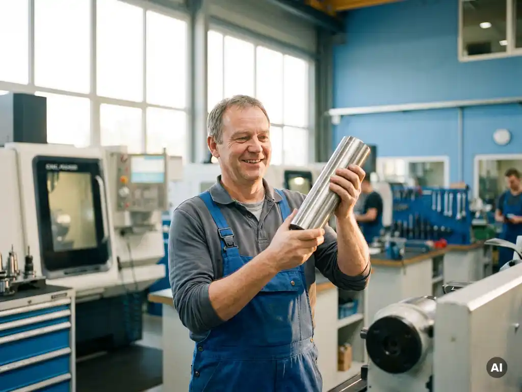 Deutscher Zerspanungsmechaniker prüft präzise gefertigten Metallzylinder in moderner, lichtdurchfluteter Werkstatt.