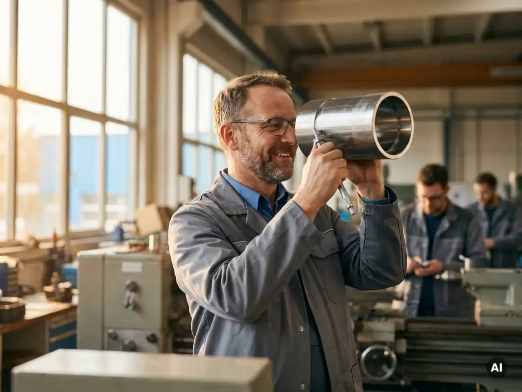 Deutscher Maschinenbauer prüft einen frisch gebohrten Metallzylinder in einer hellen Werkstatt mit Kollegen im Hintergrund.