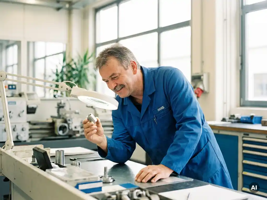 Deutscher Maschinenbauer in blauer Arbeitsuniform untersucht präzise Metallzylinder in moderner, hell beleuchteter Werkstatt.