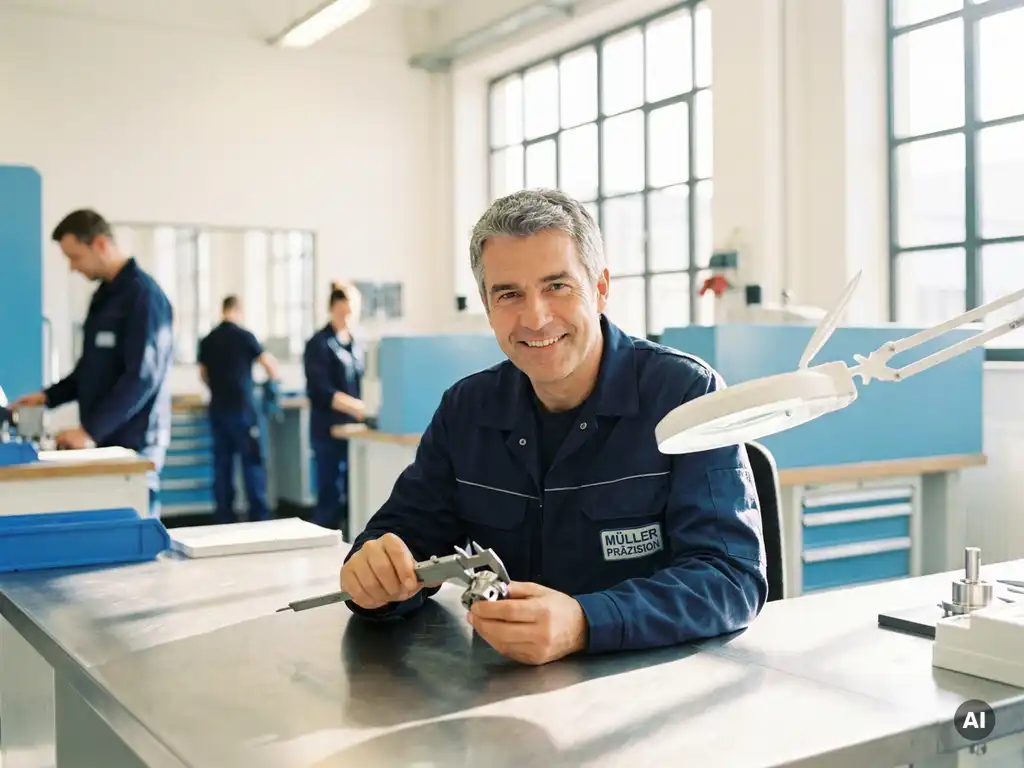 Deutscher Maschinenbauer in Arbeitsuniform prüft lächelnd ein Präzisionsbauteil an einem modernen Werkstattarbeitsplatz.