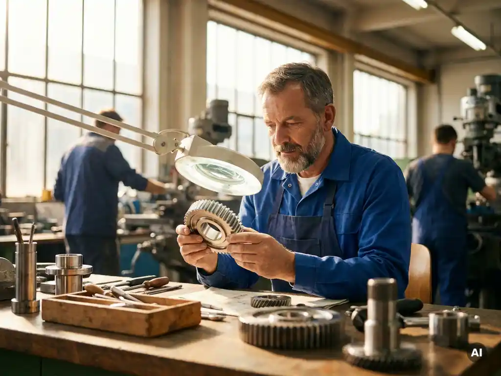 Deutscher Maschinenbauer prüft Präzisionsbauteil aus Metall an einem modernen Werkstattarbeitsplatz mit warmem Tageslicht.
