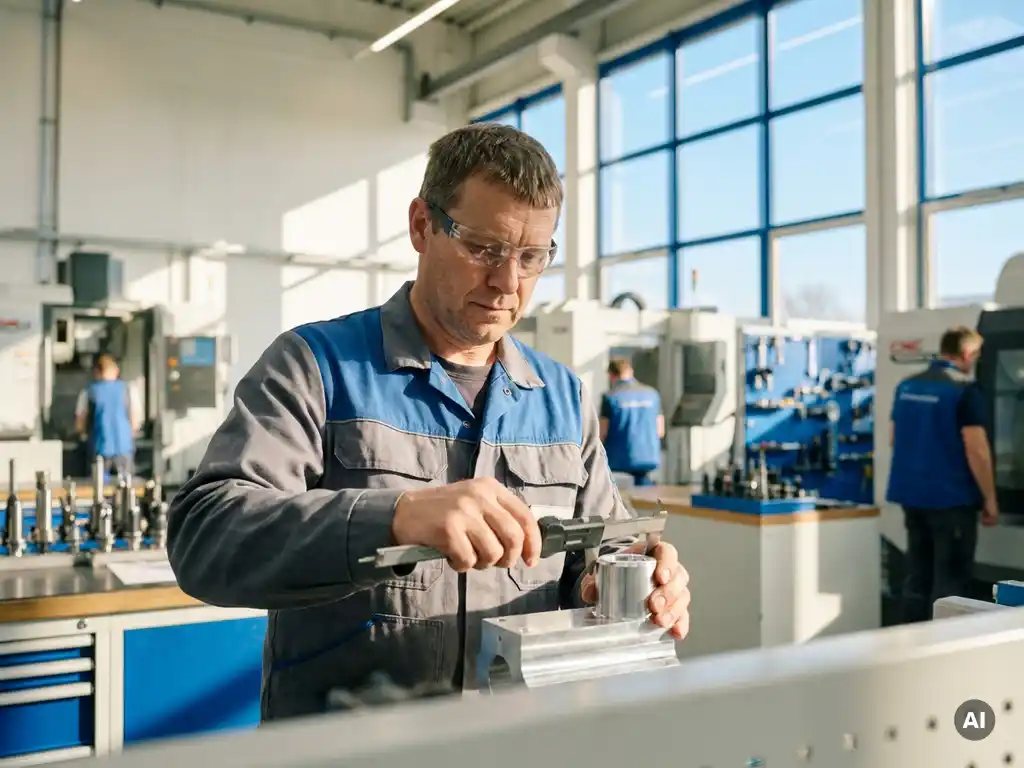Deutscher Maschinenbauer misst Metallbauteil mit Messschieber in moderner, hell beleuchteter Werkstatt.