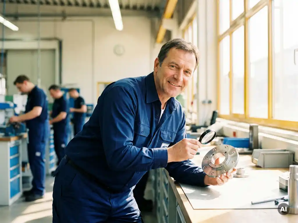 Deutscher Zerspanungsmechaniker prüft präzisionsgebohrte Metallteile an einer Werkbank in einer hellen Fabrikhalle.