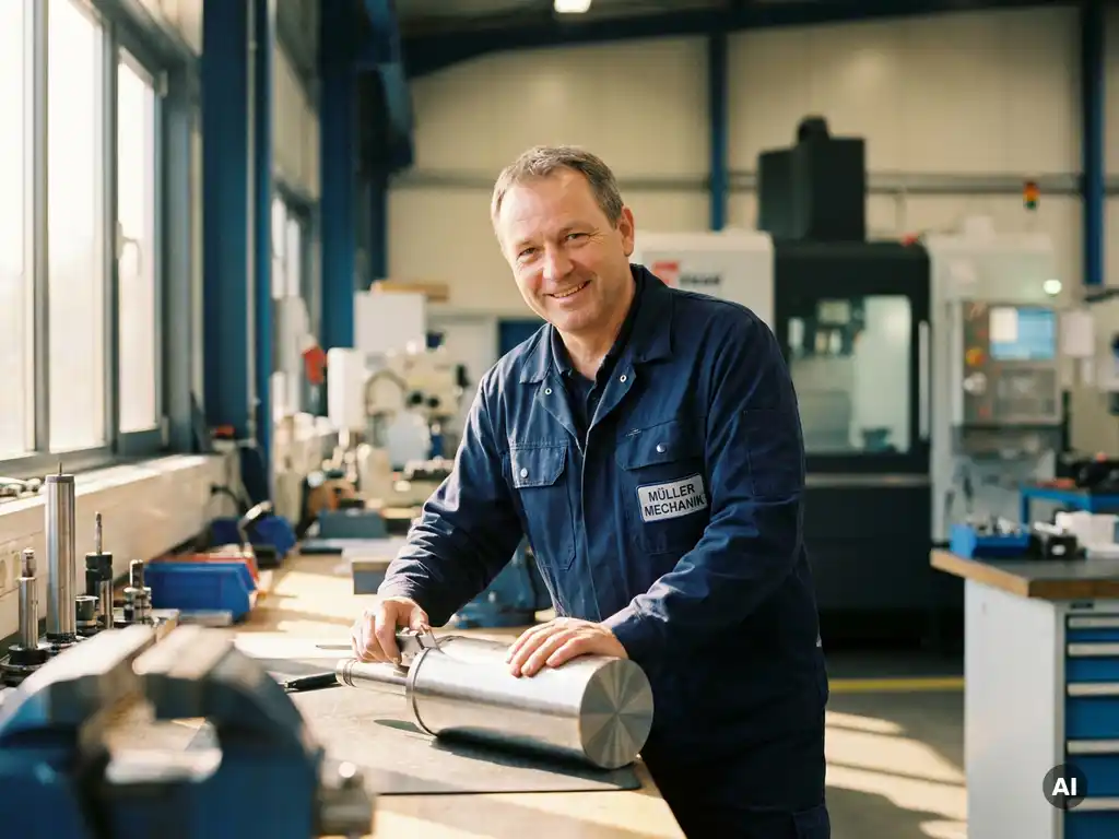 Deutscher Zerspanungsmechaniker in Arbeitsuniform prüft präzisionsgebohrten Metallzylinder an modernem Werkstattarbeitsplatz.