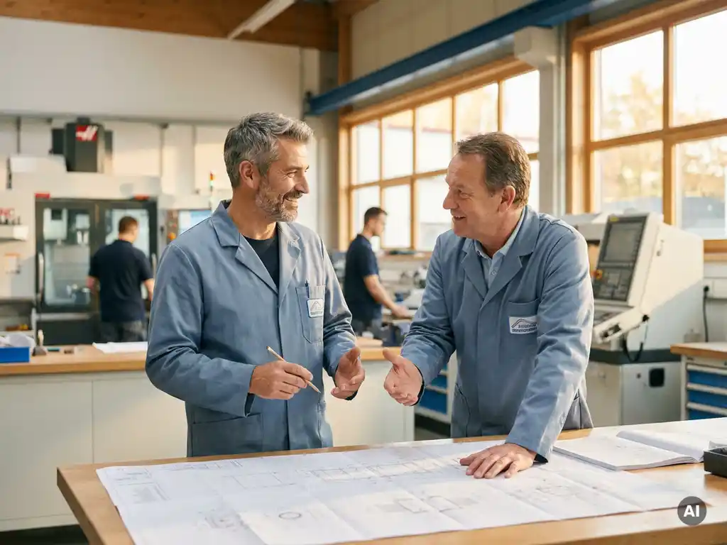 Deutscher Maschinenbauer bespricht technische Zeichnungen mit Kollegen in moderner, heller Fabrikhalle.