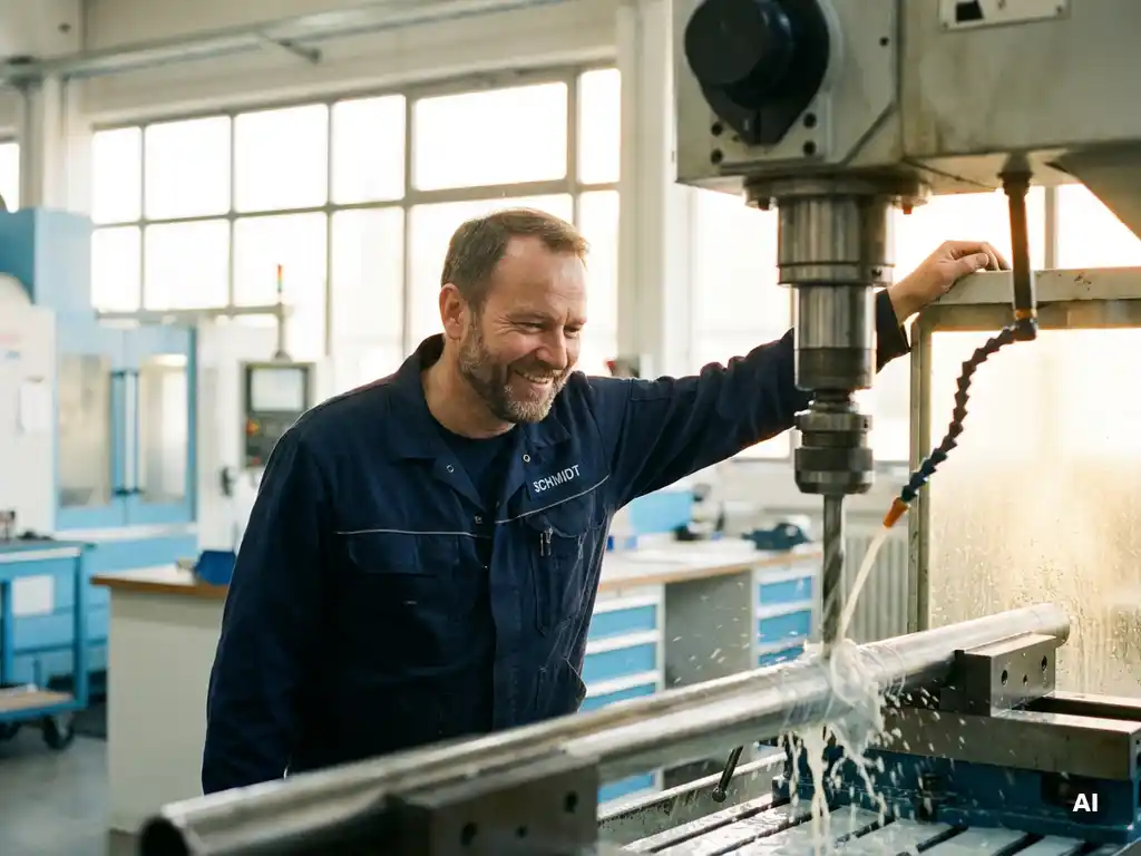 Deutscher Maschinenbediener überwacht eine Tiefbohrmaschine mit fließender Kühlflüssigkeit in moderner, hell beleuchteter Werkstatt.