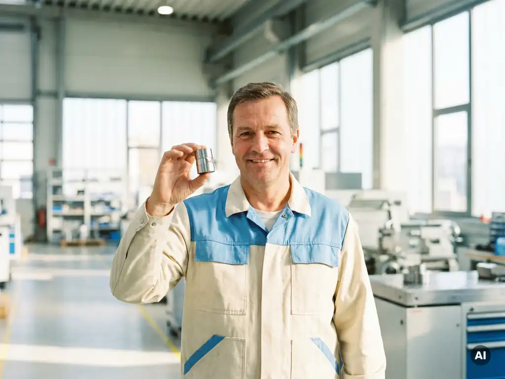 Deutscher Metallarbeiter in Werkstattuniform hält polierten Metallzylinder in moderner Präzisionsfertigung.