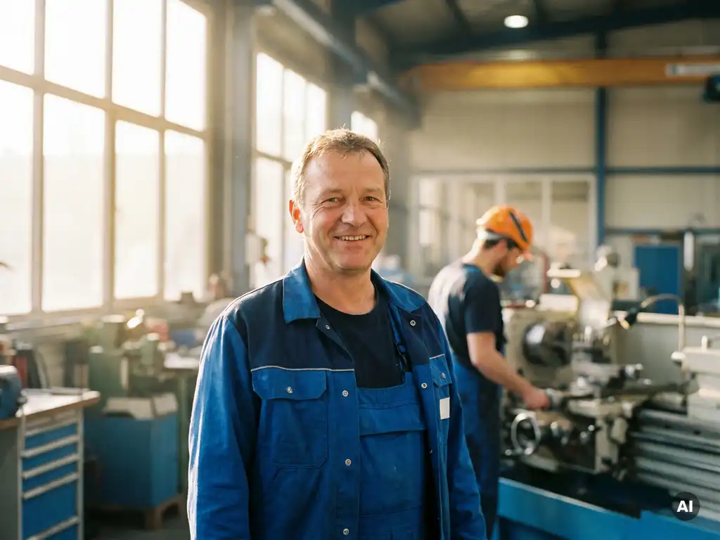 Lächelnder Zerspanungsmechaniker in moderner Metallwerkstatt mit warmem Tageslicht und Kollege im Hintergrund.