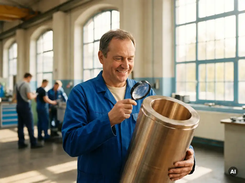 Deutscher Maschinenbauer prüft gebohrten Metallzylinder in heller Werkstatt mit natürlichem Licht und Kollegen im Hintergrund.