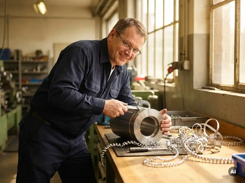 Deutscher Maschinenbauer in Marineblau prüft frisch gebohrten Metallzylinder mit silbernen Spänen auf Werkbank.