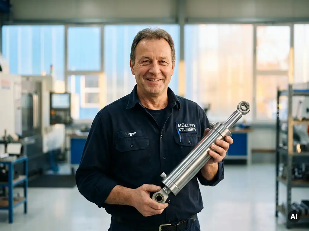 Deutscher Zerspanungsmechaniker in Arbeitsuniform hält hydraulisches Zylinderbauteil in moderner Fabrikhalle mit Tageslicht.