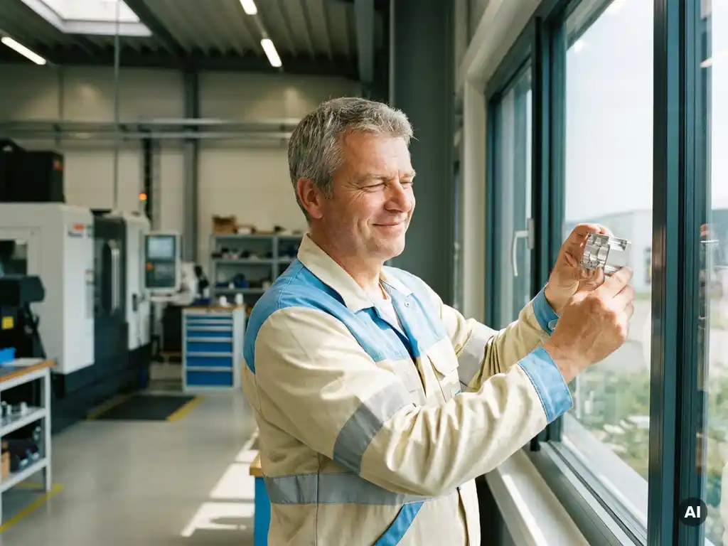 Deutscher Maschinenbauer prüft lächelnd ein Metallbauteil im Gegenlicht einer modernen Fertigungshalle.