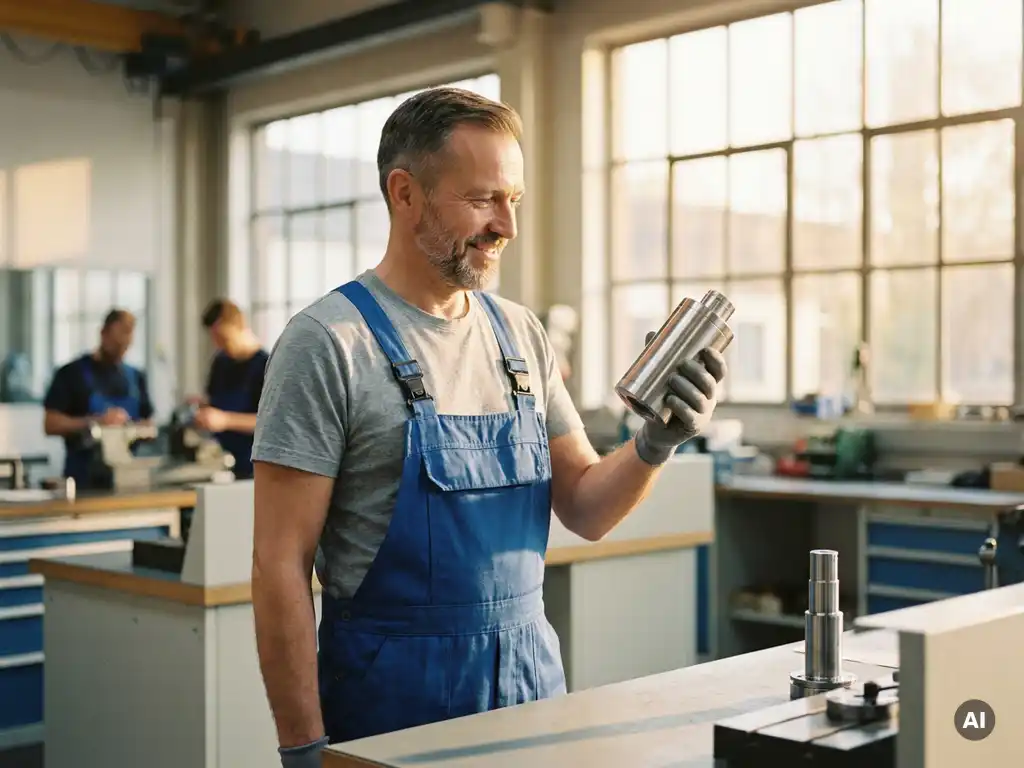 Deutscher Maschinenbauer prüft lächelnd einen gefrästen Metallzylinder an einer modernen Werkbank in heller Fabrikhalle.