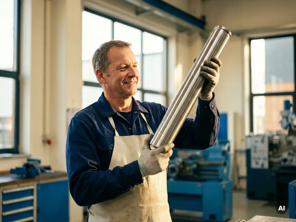Deutscher Maschinenbauer prüft präzise gefertigten Metallzylinder in moderner Werkstatt mit Tageslicht.