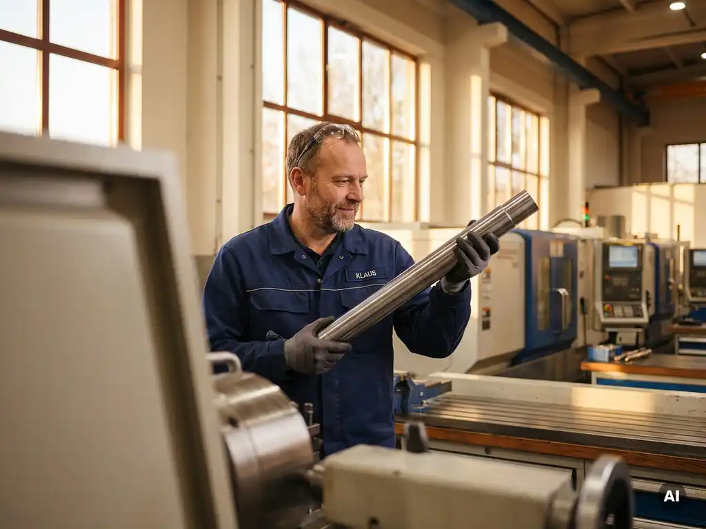 Deutscher Maschinenbauer in marineblauer Arbeitsuniform prüft zylindrisches Metallteil in moderner Präzisionswerkstatt.