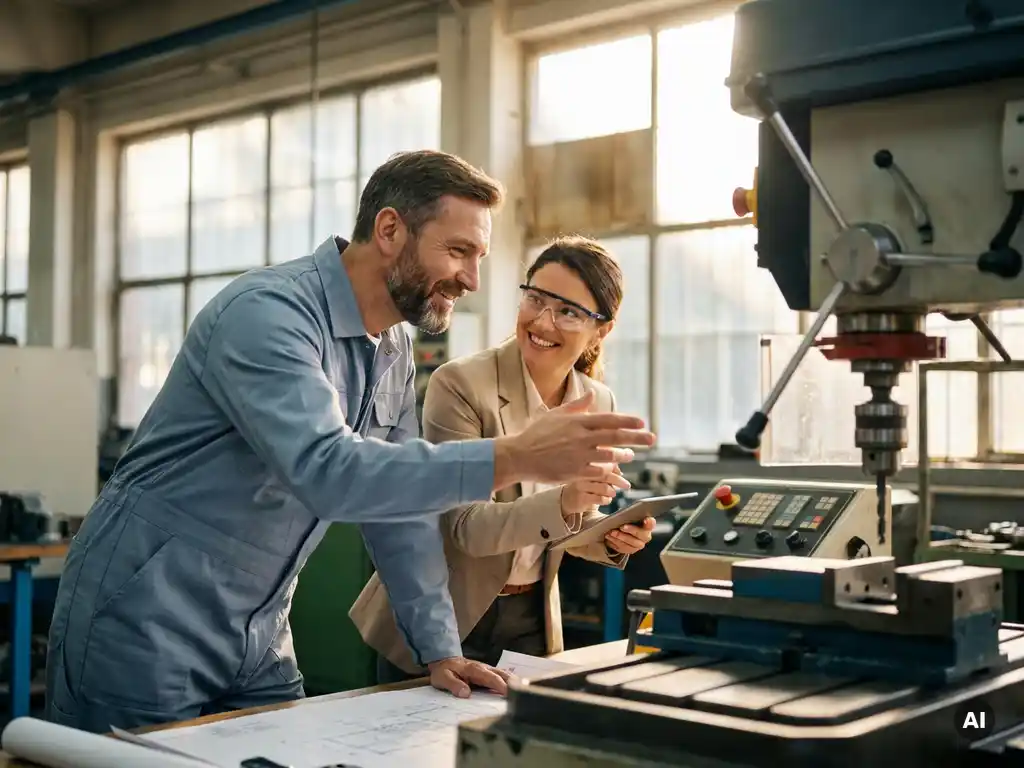 Maschinenbauer und Ingenieur besprechen Arbeitsschritte an einer Präzisionsbohrmaschine in einer hellen deutschen Fabrikhalle.