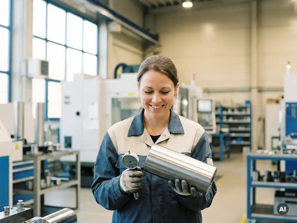 Maschinenbauerin prüft präzisionsgebohrten Metallzylinder in moderner deutscher Fertigungshalle mit natürlichem Lichteinfall.