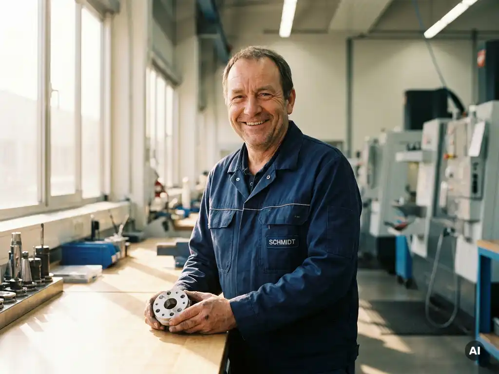 Deutscher Maschinenbauer in marineblauer Arbeitsuniform prüft präzisionsgebohrtes Metallteil an hell beleuchtetem Werkstattarbeitsplatz.