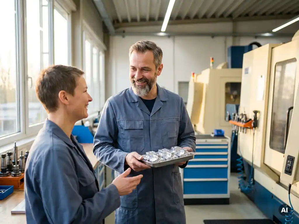 Deutscher Zerspanungsmechaniker zeigt Kollegen präzisionsgefertigte Metallteile in moderner, hell beleuchteter Werkstatt.