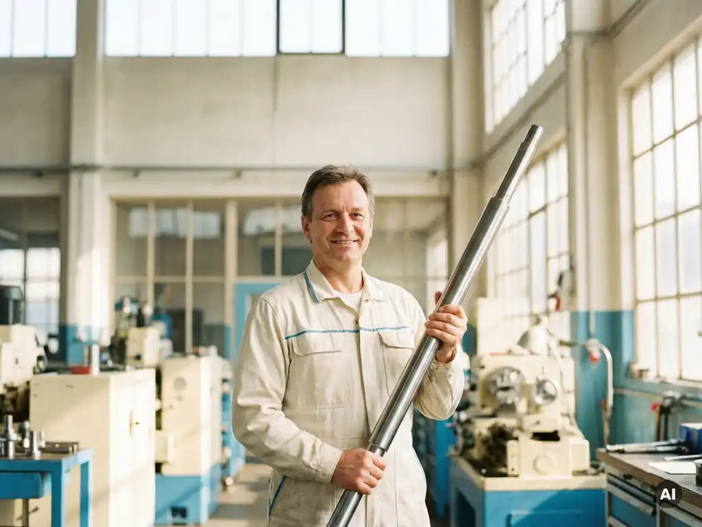 Deutscher Maschinenbauer im Arbeitsoverall hält präzisionsgebohrte Metallwelle in heller Werkstatt und lächelt in die Kamera.