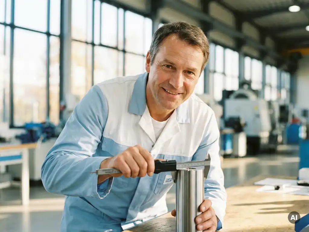 Deutscher Qualitätsprüfer misst zylindrisches Metallteil mit Präzisionsmessgerät in moderner, heller Fertigungshalle.