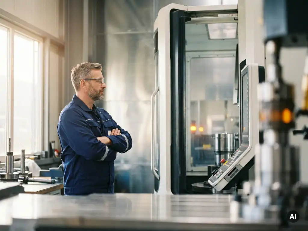 Deutscher Maschinenbediener überwacht eine Tiefbohrmaschine in moderner Fertigungshalle mit natürlichem Lichteinfall.