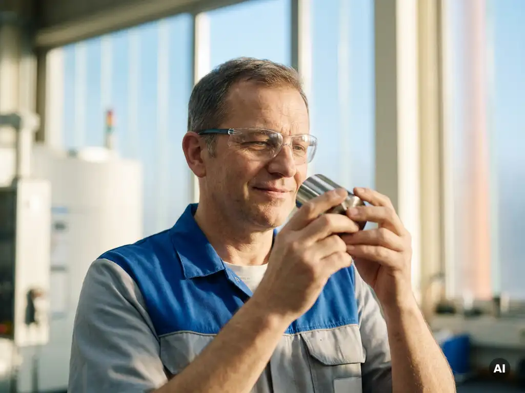 Deutscher Zerspanungsmechaniker mit Schutzbrille prüft ein glänzendes Titan-Werkstück in moderner Werkstatt.