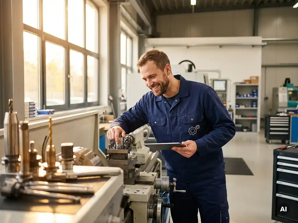 Lächelnder Techniker in Arbeitsuniform prüft CNC-Drehmaschine in moderner deutscher Fertigungshalle mit warmem Fensterlicht.