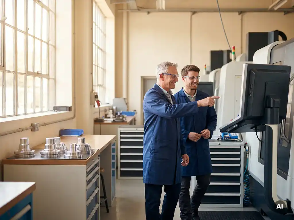 Erfahrener CNC-Fachmann erklärt einem Kollegen Arbeitsschritte in moderner Maschinenwerkstatt mit polierten Metallwerkstücken.