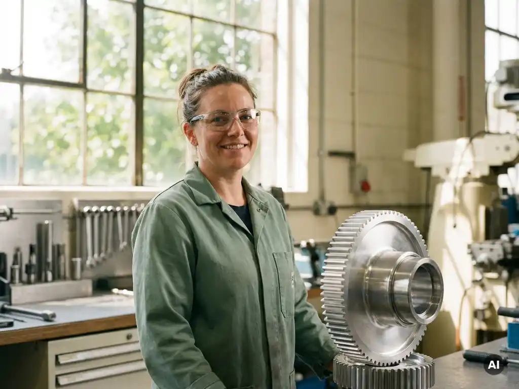 Lächelnde Ingenieurin in Werkstattkleidung neben präzisionsgefertigtem Metallteil, natürliches Licht, grüne Vegetation im Hintergrund.