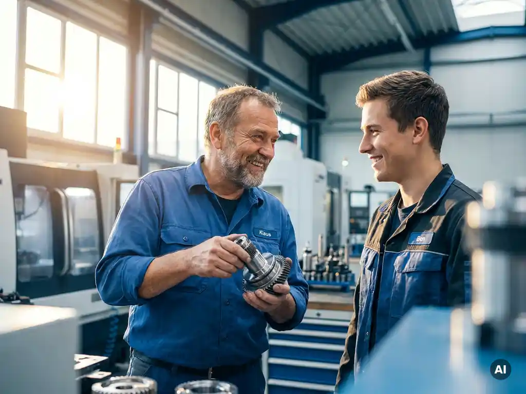 Erfahrener Maschinenbauer und junger Kollege begutachten gemeinsam eine Metallbaugruppe in einer modernen deutschen Werkstatt.