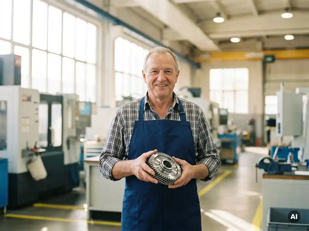 Deutscher Maschinenbauer im Werkstattkittel hält präzisionsgefertigtes Metallteil, moderne Produktionshalle im Hintergrund.
