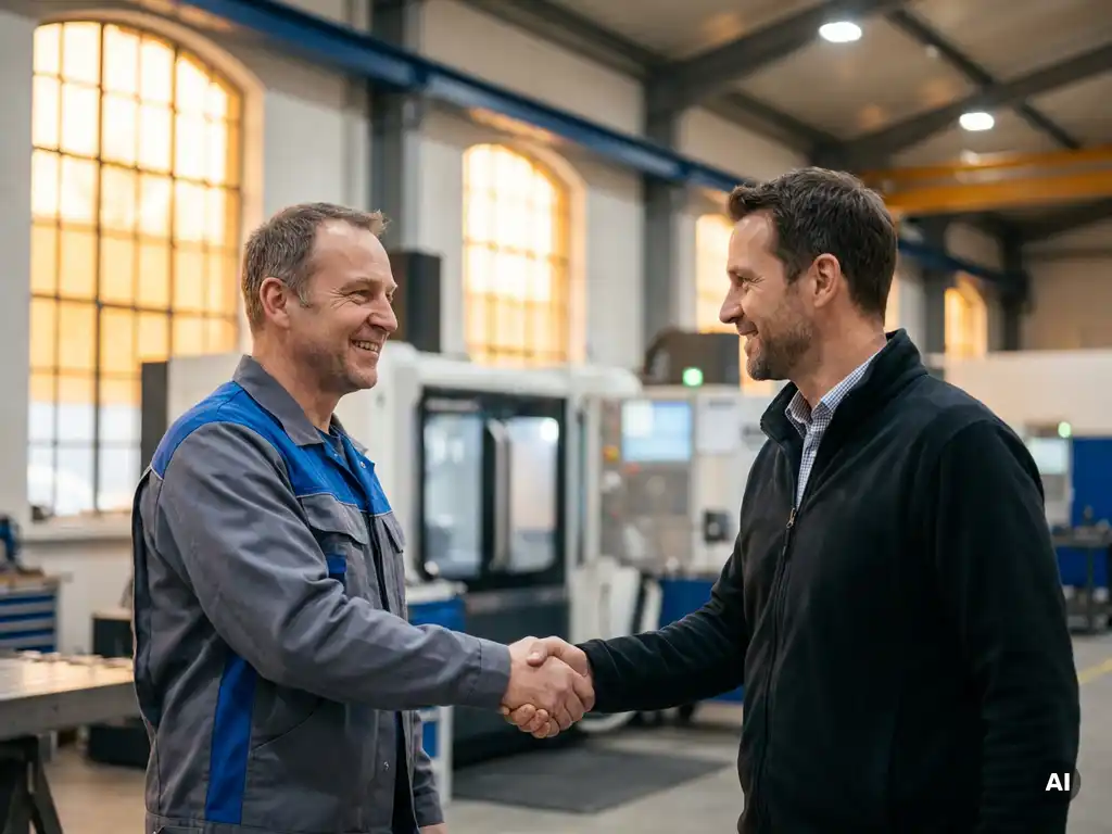 Deutscher Techniker und Werksleiter beim Handschlag in moderner Metallverarbeitungsfabrik mit polierter Maschinen im Hintergrund.