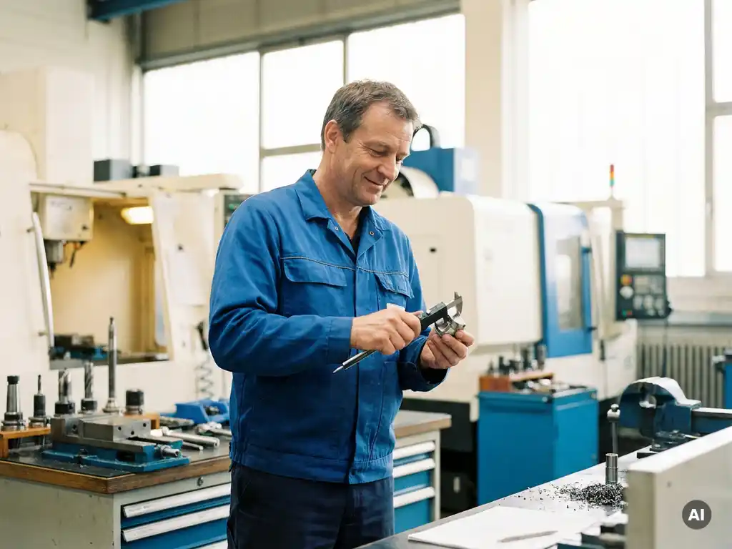 Deutscher Zerspanungsmechaniker misst gedrehtes Metallteil mit Messschieber in moderner CNC-Werkstatt.
