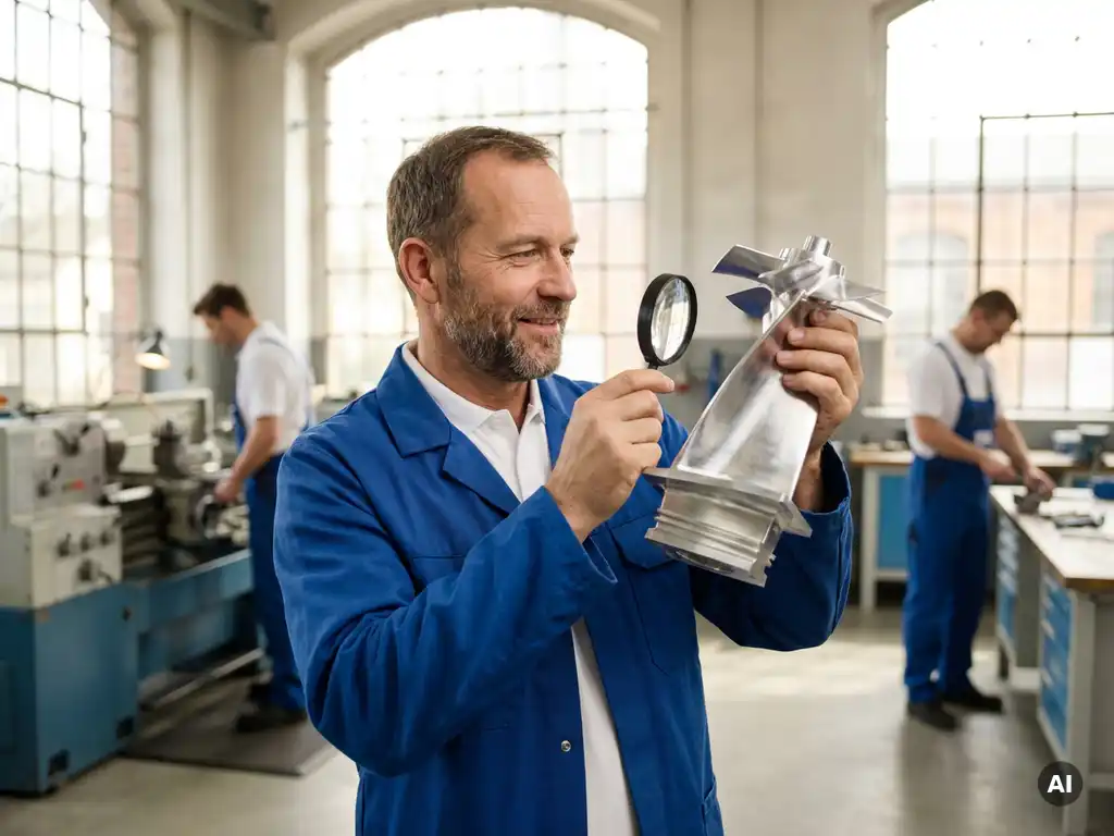 Deutscher Maschinenbauer prüft poliertes Aluminium-Luftfahrtbauteil in moderner Werkshalle mit Tageslicht.