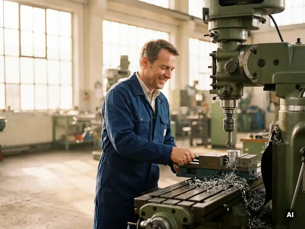 Deutscher Zerspanungsmechaniker bedient lächelnd eine Fräsmaschine in heller Industriehalle mit Metallspänen im Vordergrund.