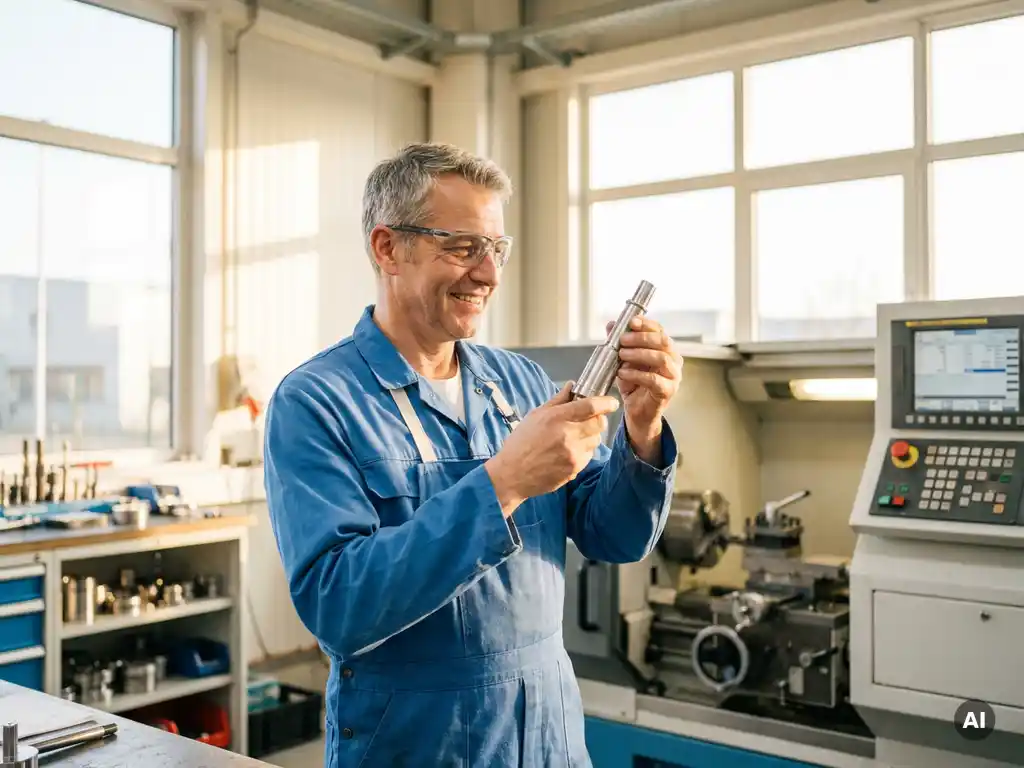 Deutscher CNC-Dreher prüft frisch bearbeitetes Metallteil an einer modernen Drehmaschine in heller Werkstatt.