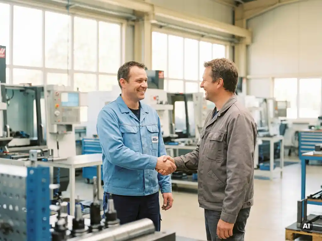 Deutscher Ingenieur im Arbeitsoverall gibt Fertigungspartner die Hand in moderner Metallwerkstatt mit Tageslicht.