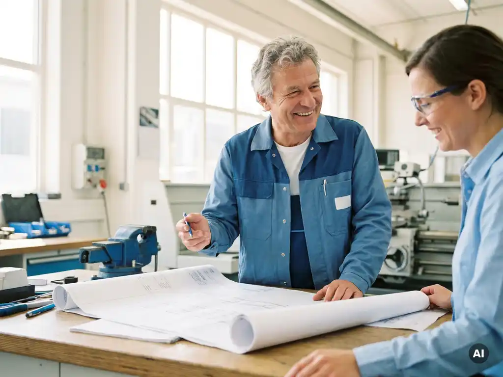 Zwei Ingenieure besprechen technische Zeichnungen auf einer Werkbank in einer hellen deutschen Werkstatt.