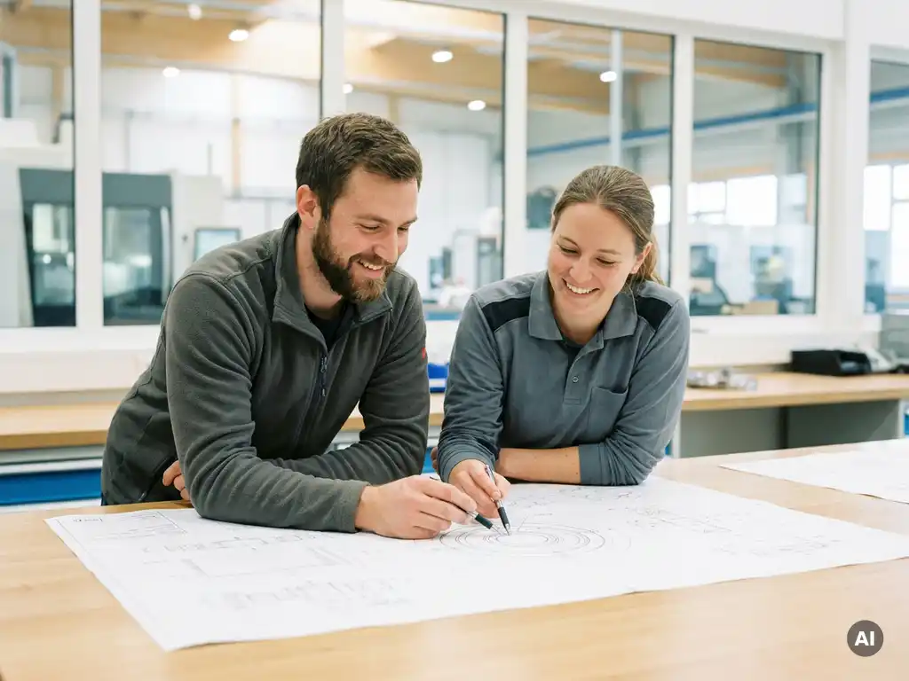 Zwei Ingenieure besprechen eine technische Zeichnung in einer modernen deutschen Fertigungshalle bei natürlichem Tageslicht.