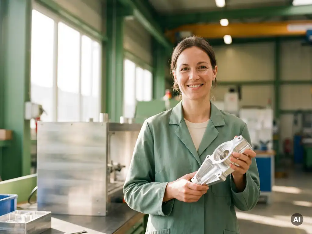 Ingenieurin in Werkstattkittel hält gefrästes Aluminiumteil in moderner deutscher Metallverarbeitungsfabrik mit großen Fensterfronten.