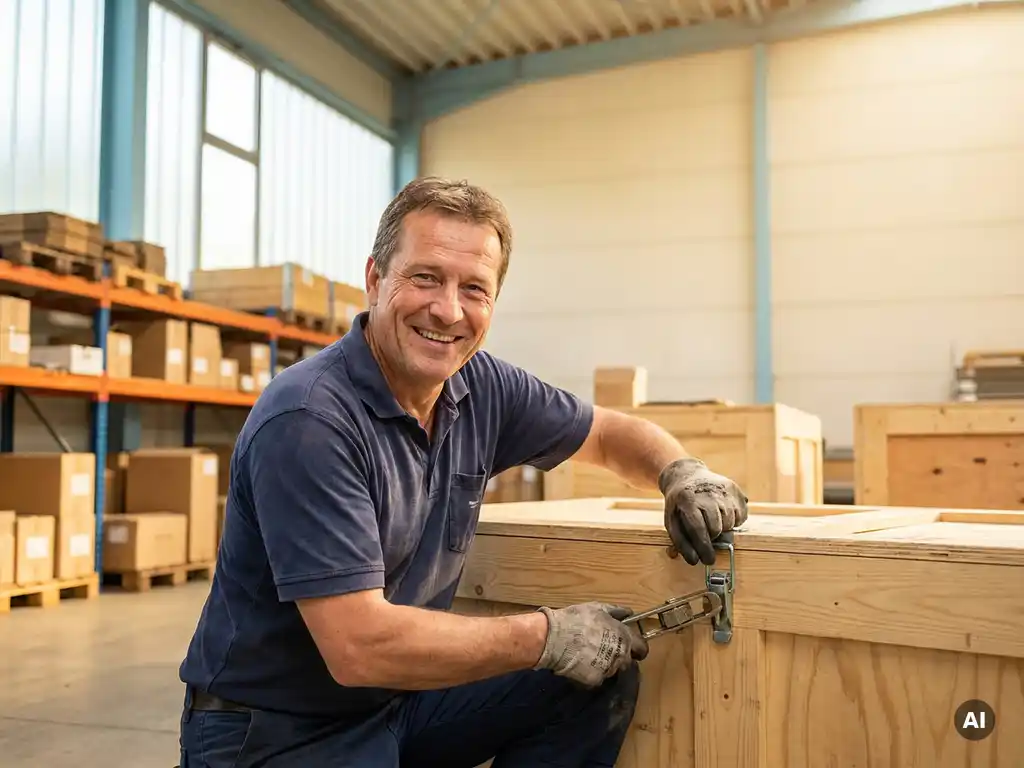 Lächelnder Lagerarbeiter in blauem Polo sichert Holzexportkiste mit Metallverschlüssen in heller Industriehalle.