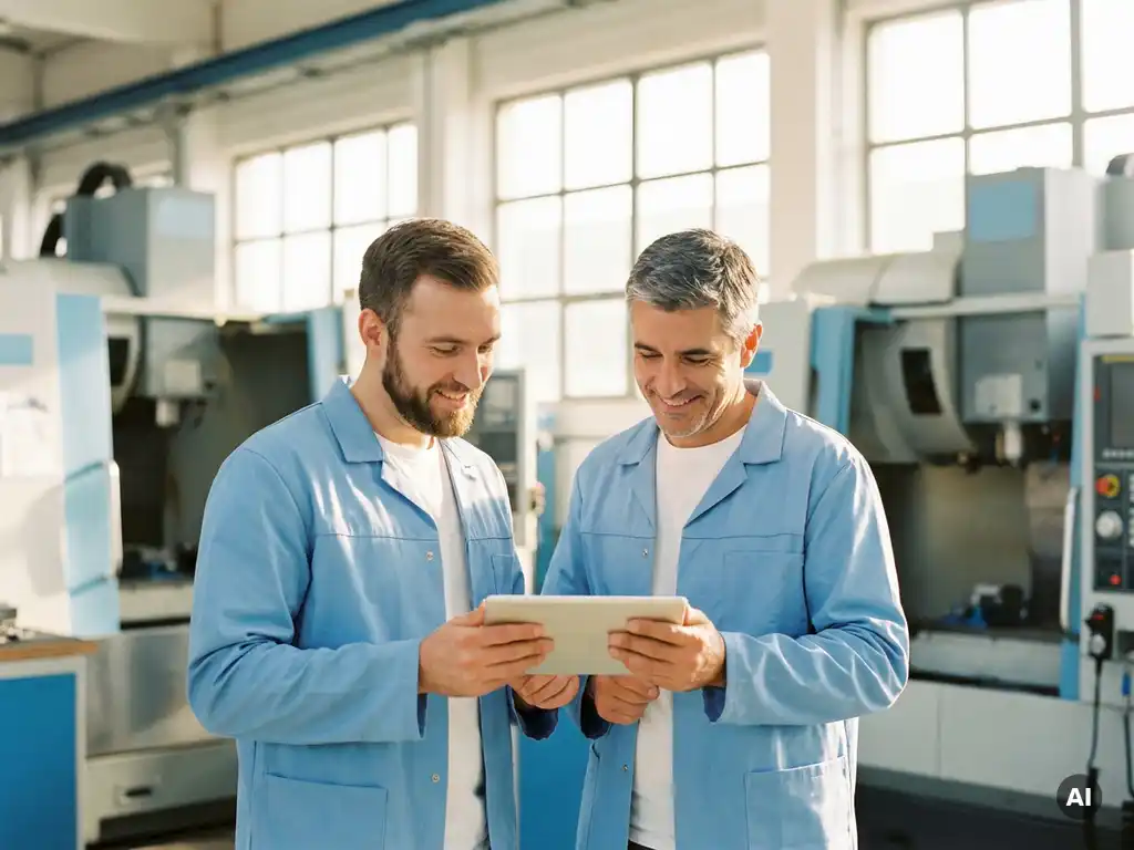 Deutscher Maschinenbauer bespricht Tablet-Daten mit Kollegen vor modernen CNC-Maschinen in heller Werkstatt.