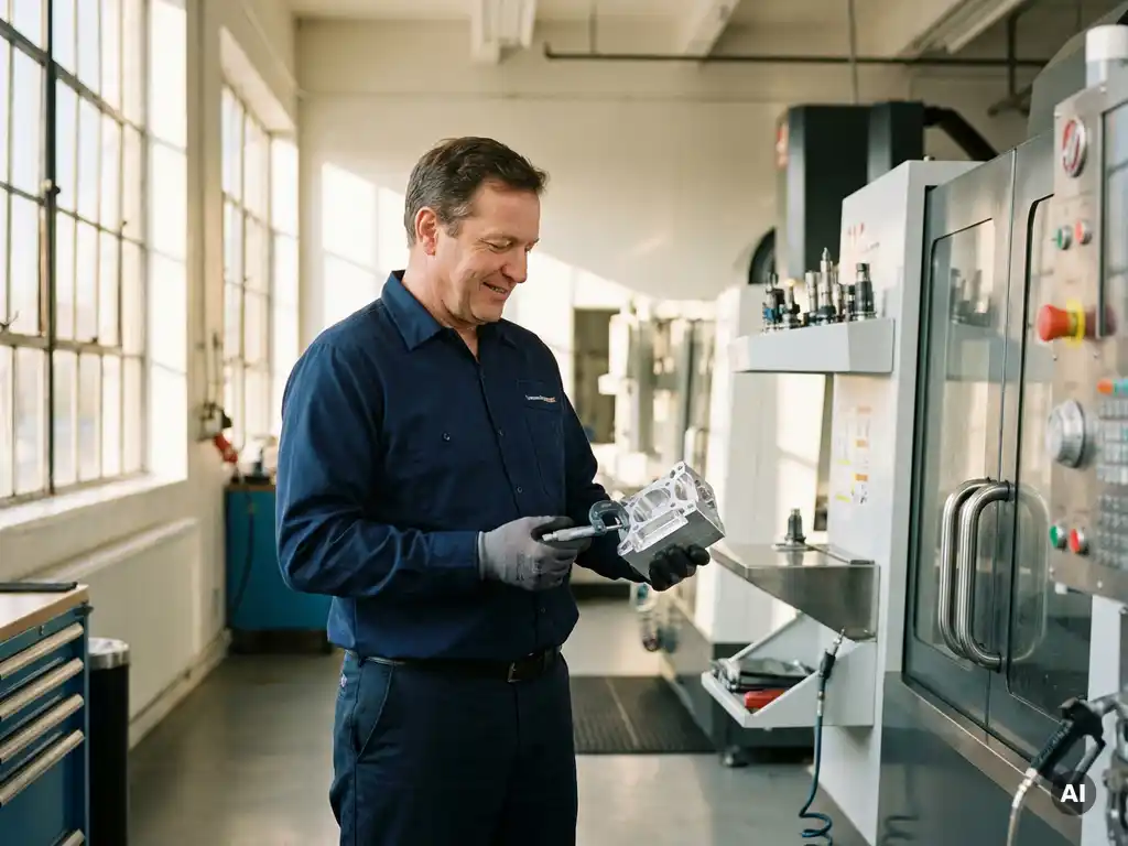 Maschinenbediener in marineblauer Arbeitskleidung prüft gefrästes Metallteil in moderner CNC-Werkstatt mit Tageslicht.
